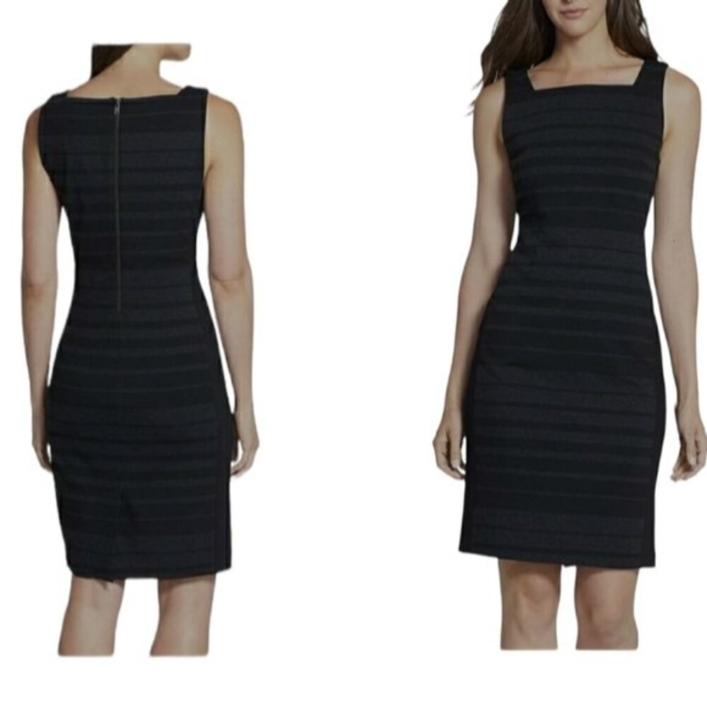 Eileen Fisher Square Neck Charcoal Striped Knee Length Career Dress 12 NWT